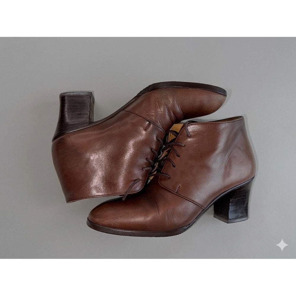 Raspini Brown Leather Lace Up Block Heel Ankle Boots Made in Japan 22.5 EE